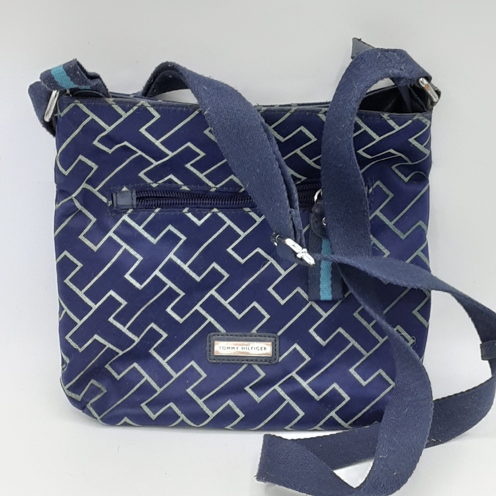 Tommy Hilfiger Navy Geometric " TH" Monogram Pattern Crossbody Bag.